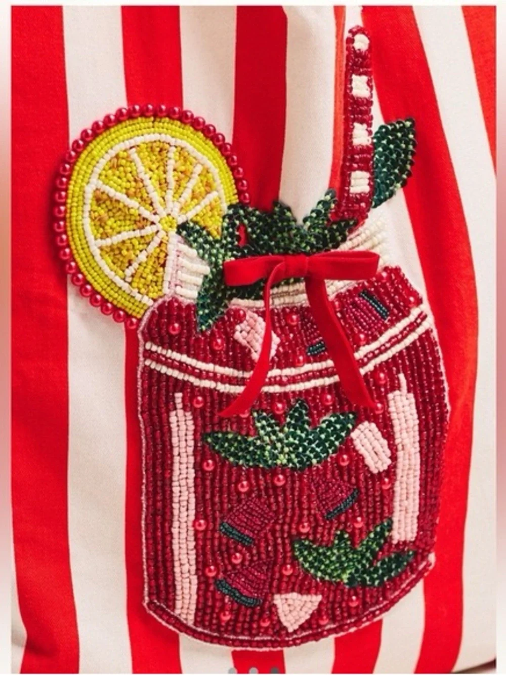 NwT Anthropologie printed beaded canvas bloody mary tote bag red stripes